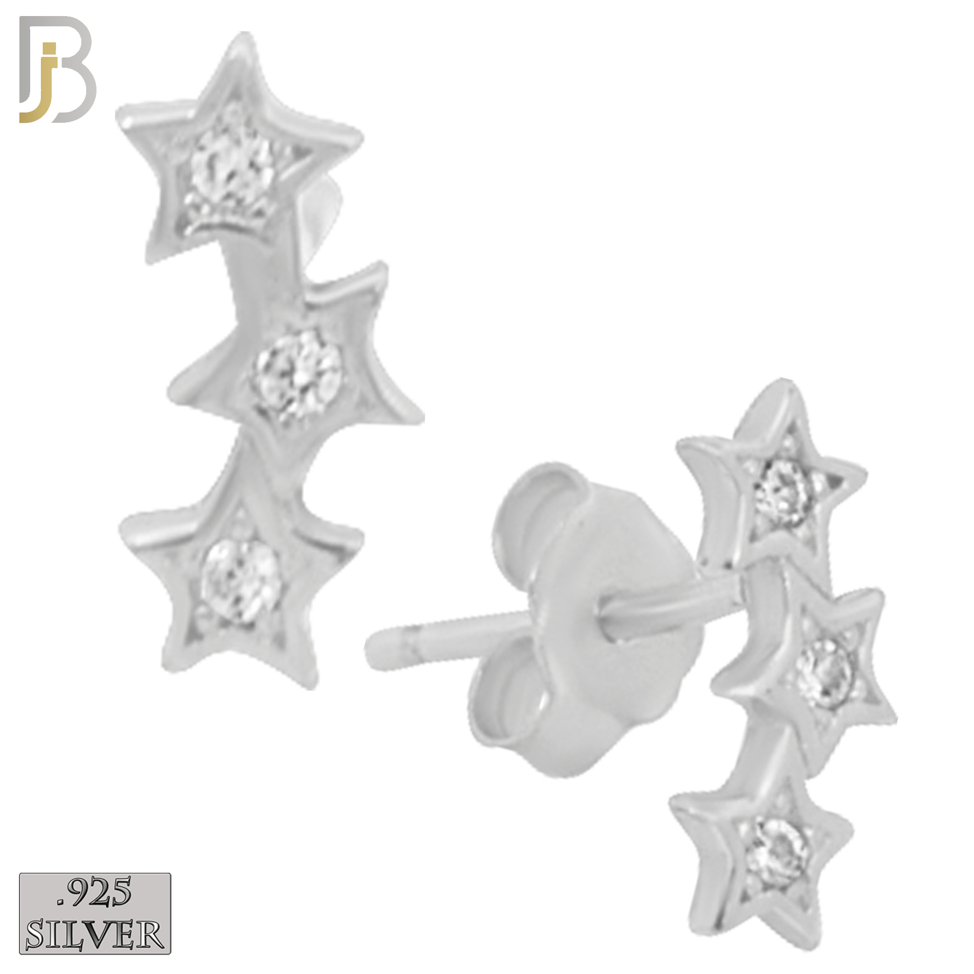 925-ES161 - .925 Sterling Silver Triple Star  with Zircon Design Earring Stud image 1