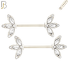 NP45 - 316L Surgical Steel Three Leaf Design with CZ Externally Threaded Nipple Ring Piercing Pair image 2