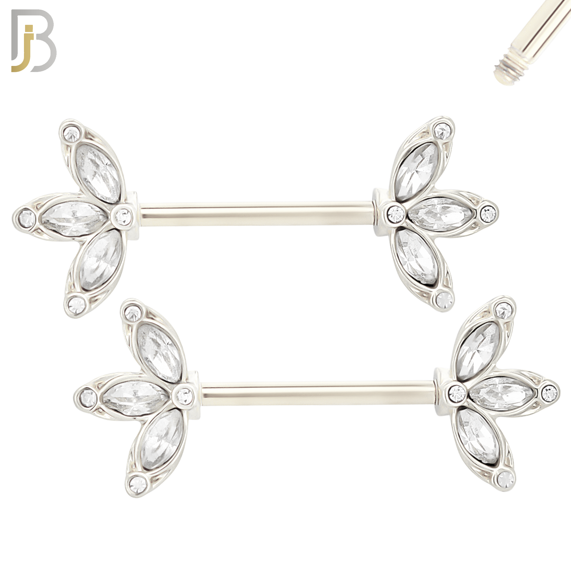 NP45 - 316L Surgical Steel Three Leaf Design with CZ Externally Threaded Nipple Ring Piercing Pair image 2