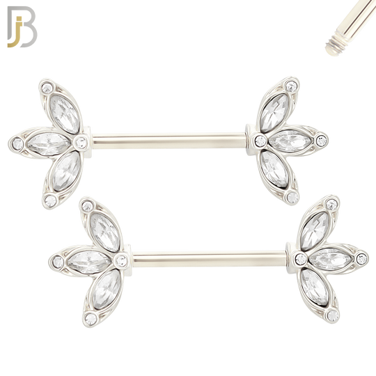 NP45 - 316L Surgical Steel Three Leaf Design with CZ Externally Threaded Nipple Ring Piercing Pair image 2