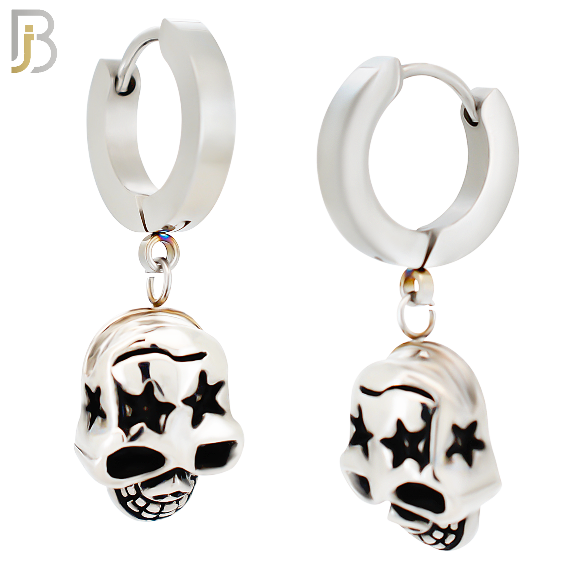 ES20 -  316L Stainless Steel Dangling Skull with Star Carved Design Huggies Clip On image 0