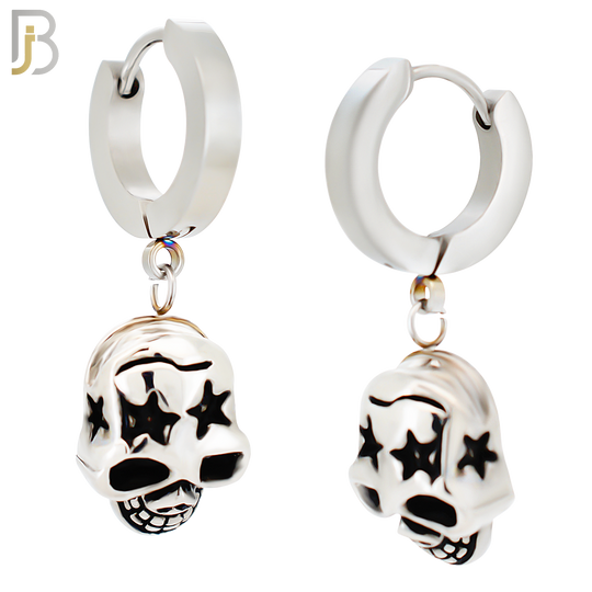 ES20 -  316L Stainless Steel Dangling Skull with Star Carved Design Huggies Clip On image 0