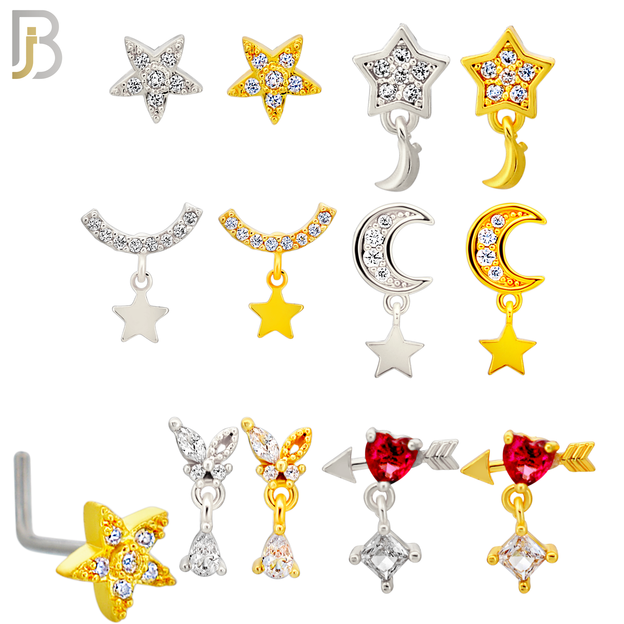 PK-NRMX06L - 316 Surgical Steel L-Shape Nose Ring with Six Different Designs - Pack of 60 pcs image 1