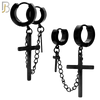 ES285 - 316L Stainless Steel Double Hoop Huggies Cross Link Chain Connector Earring - Black Plated image