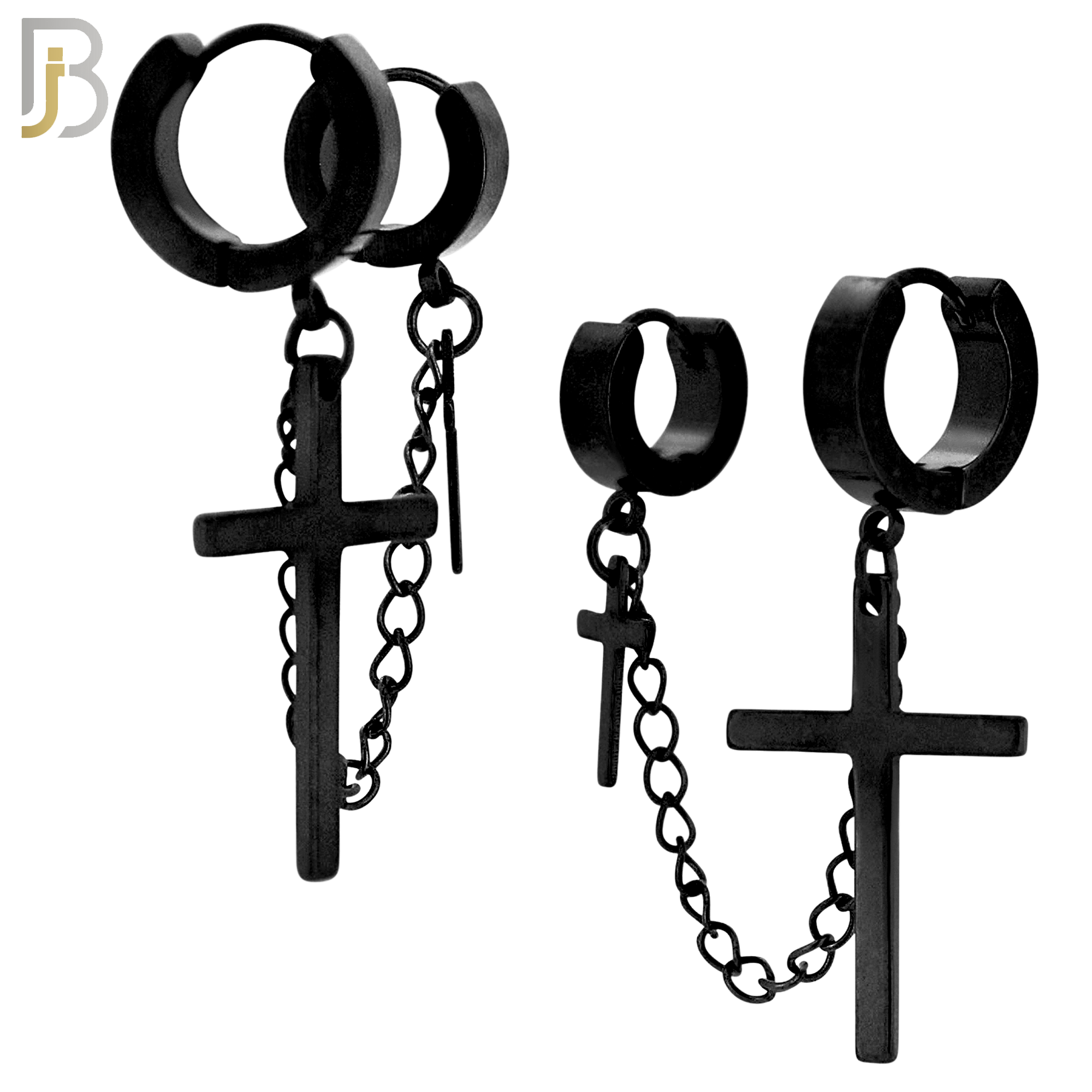 ES285 - 316L Stainless Steel Double Hoop Huggies Cross Link Chain Connector Earring - Black Plated image