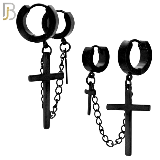 ES285 - 316L Stainless Steel Double Hoop Huggies Cross Link Chain Connector Earring - Black Plated image