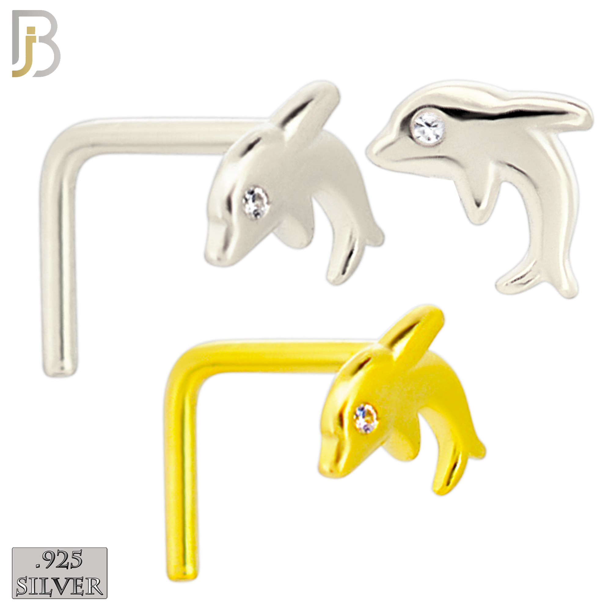 925-NR17LGSC - 925 Sterling Silver Dolphin with CZ L Shape Nose Ring (Pack of 6) image 0