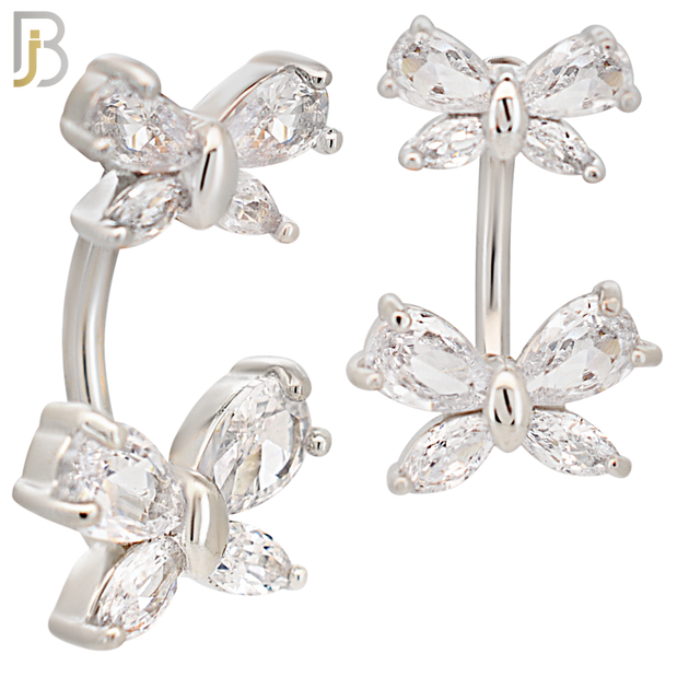 NB65 - 316L Stainless Steel Banana Belly Ring with Double Butterfly Shaped Cubic Zirconia image 0