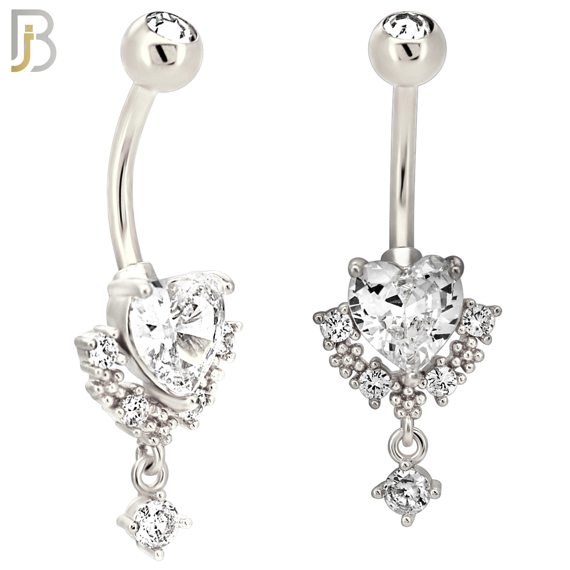 N0152 - 316L Surgical Steel Ornate Heart in Prong Set with Dangling CZ Belly Ring image 1