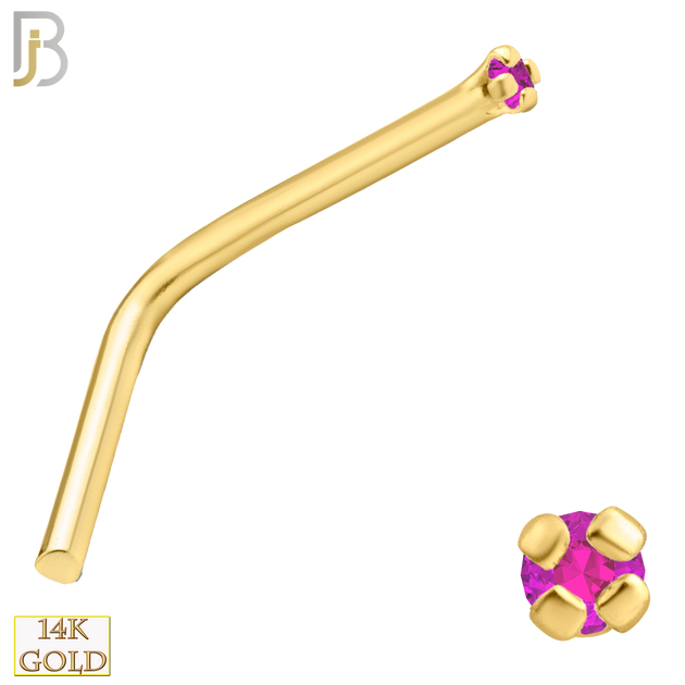 14-NR10YPS-22 -  22g - 14k Yellow Gold L-Shaped Nose Ring with Pink Sapphire in Prong Setting - 1mm image
