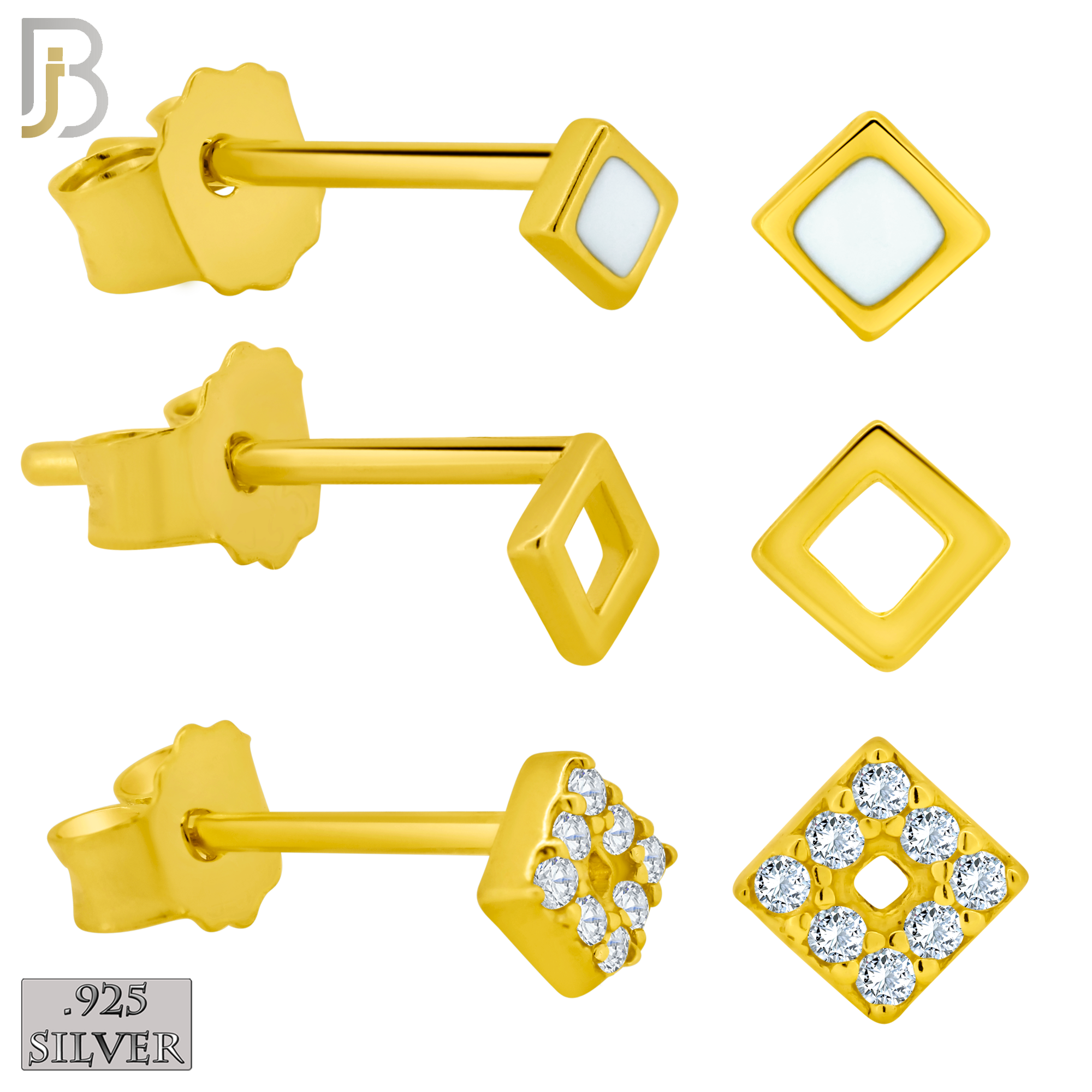 925-ES384 - .925 Sterling Silver Three Set of Square Stud Earrings (Plain Hollow Square, CZ Studded Hollow Square, Square White Enamel) image 1