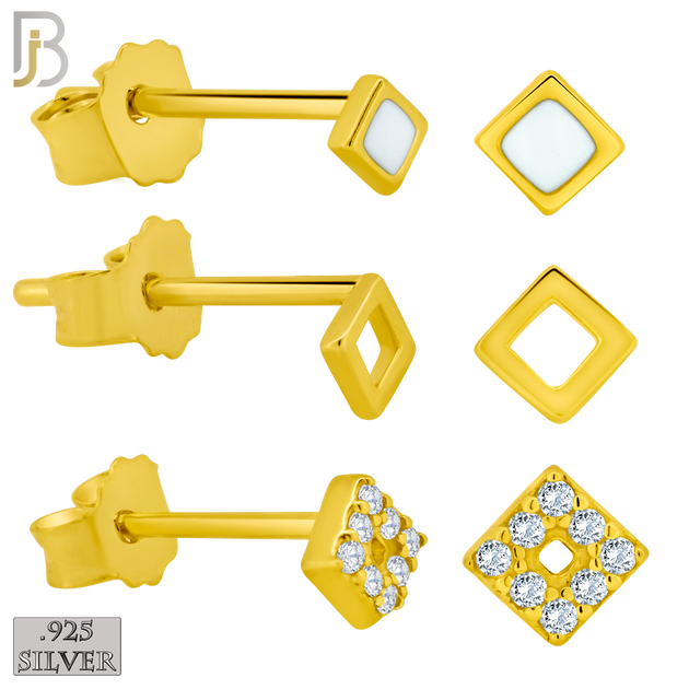 925-ES384 - .925 Sterling Silver Three Set of Square Stud Earrings (Plain Hollow Square, CZ Studded Hollow Square, Square White Enamel) image 1