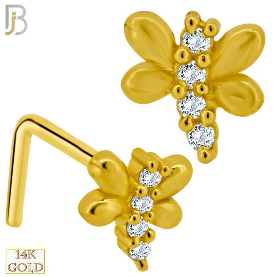 14-NR54L -  14k Solid Gold L-Shape Dragonfly Design Clear Zircon image 0