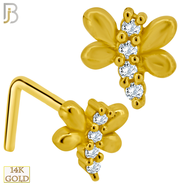 14-NR54L -  14k Solid Gold L-Shape Dragonfly Design Clear Zircon image 0