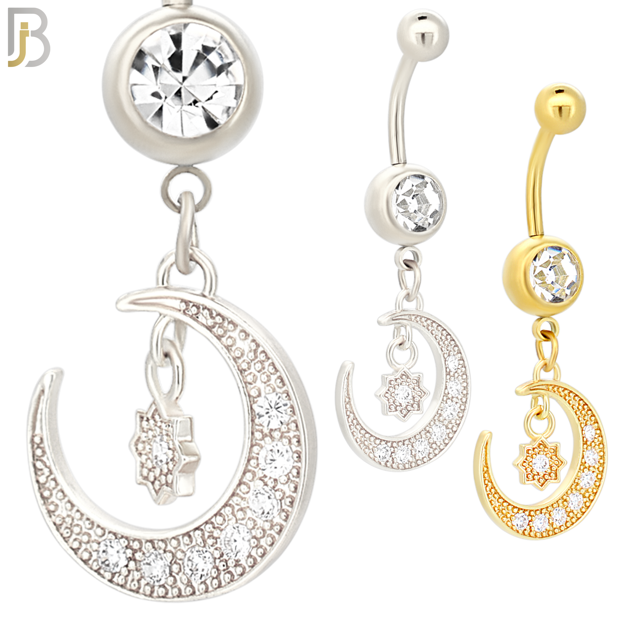 N094  - 316L Stainless Steel Round Zircon with Dangling Moon and Starburst with Zircon Belly Ring image 0