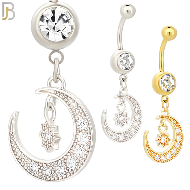 N094  - 316L Stainless Steel Round Zircon with Dangling Moon and Starburst with Zircon Belly Ring image 0