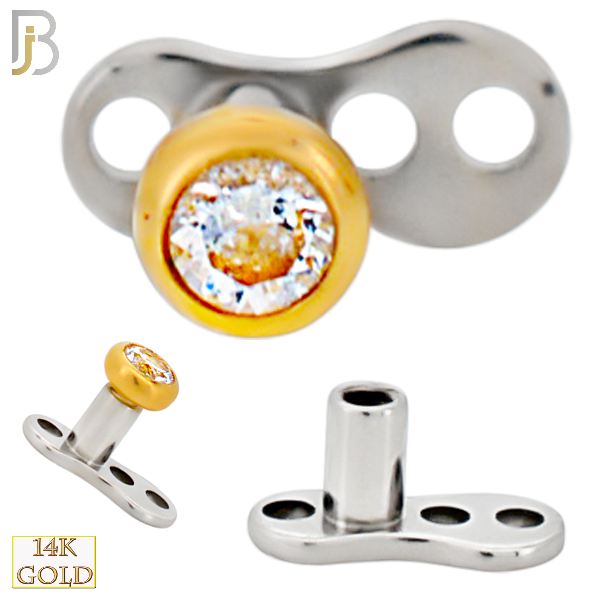 14-G23-DM03 - 14k Titanium Anchor with 14k Gold Top Bezel Set Clear Cubic Zirconia Dermal - Internally Threaded image 4