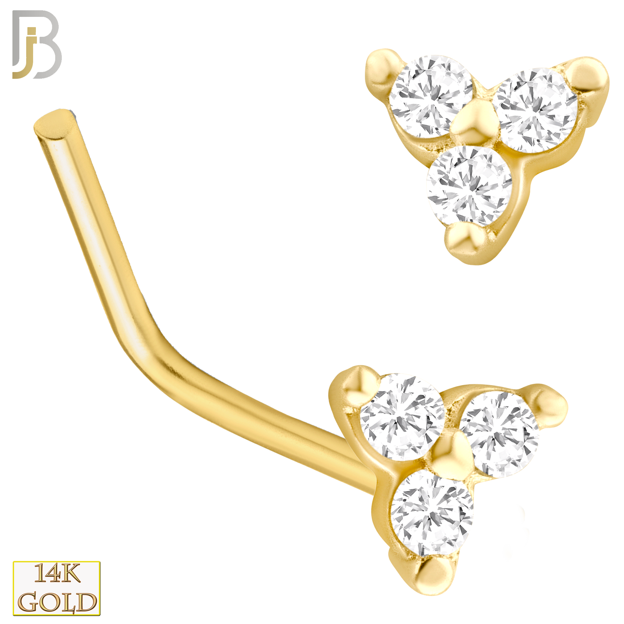 14-NR20LYC- 14k Yellow Gold Prong Setting Three Stone Triangle L Shape Nose Stud with Cubic Zirconia image 0