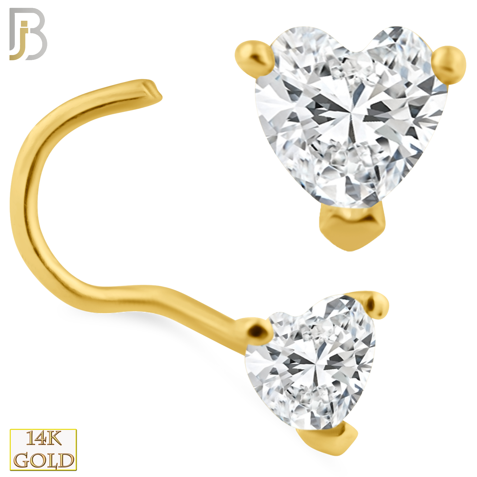 14-NR46C- 14k Solid Gold Heart Shape CZ in Prong Setting Cork Screw Nose Ring image 0