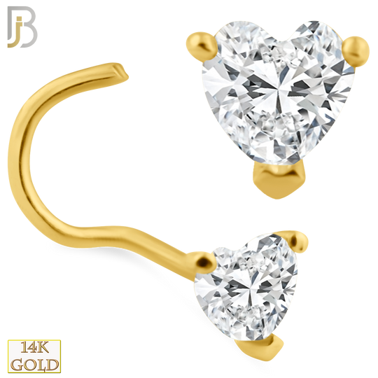 14-NR46C- 14k Solid Gold Heart Shape CZ in Prong Setting Cork Screw Nose Ring image 0