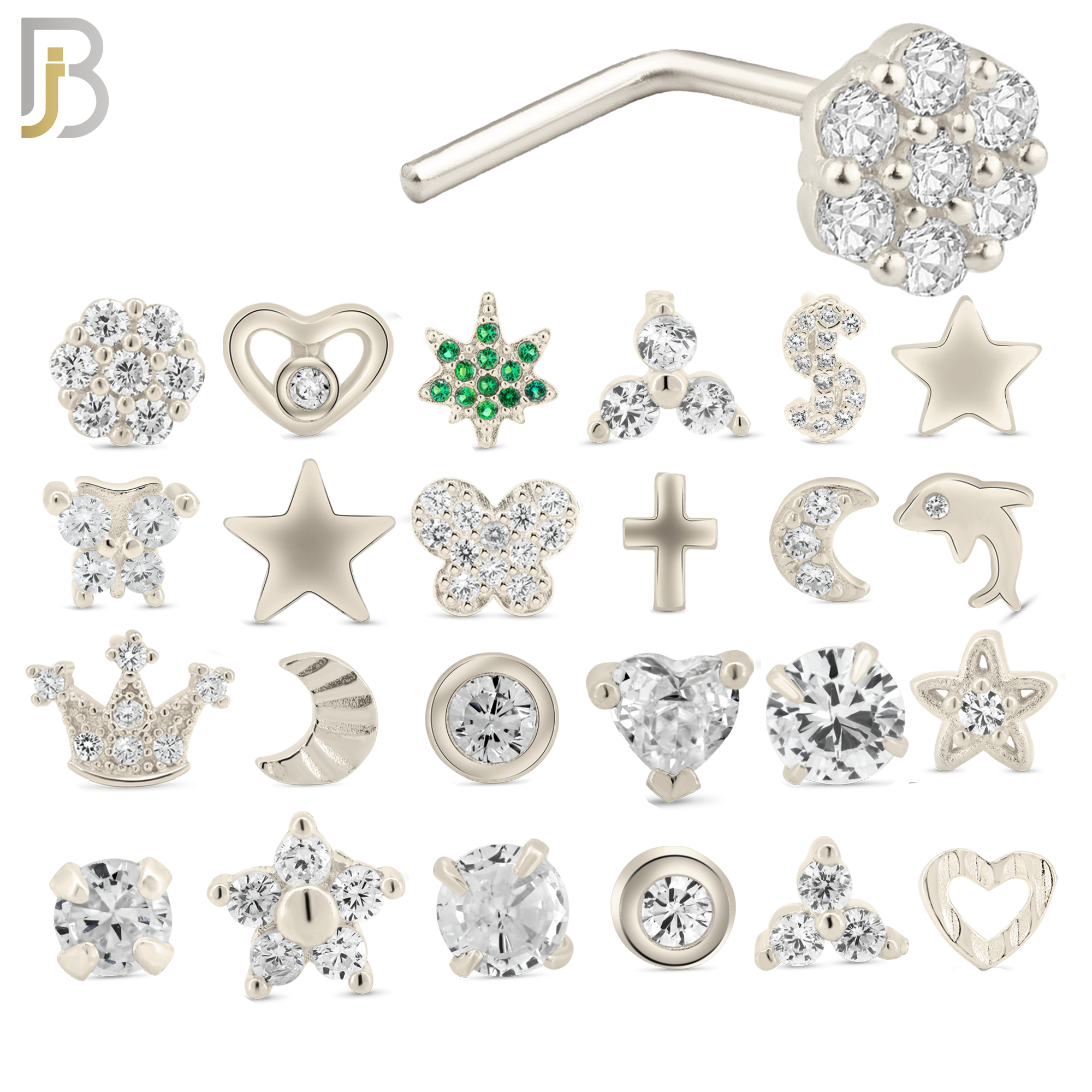 925-PK-NR33WL9 - 925 Sterling Silver L-Shaped Nose Rings with Different Designs - Pack of 120 image 1