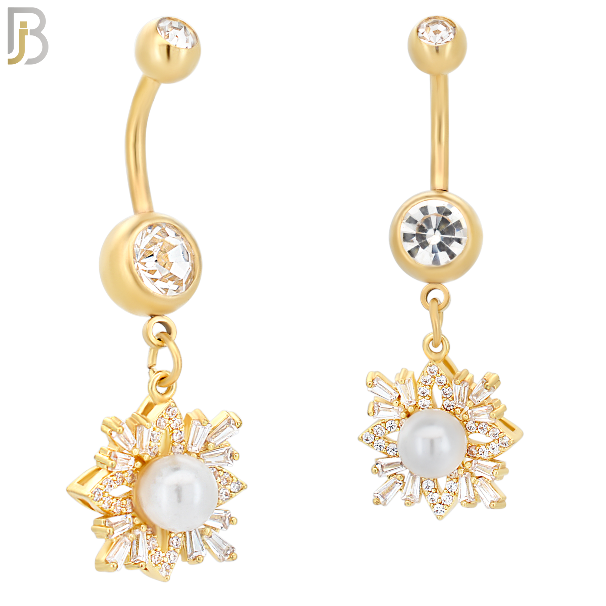 N022  - 316L Stainless Steel Dangling Snowflakes with Pearl Design Belly Ring with 5mm Screw Ball image 3