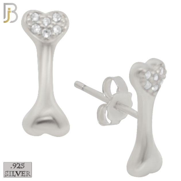 925-ES224 – .925 Sterling Silver Dog Bone with Heart Design Earring Stud with Zircon image 1
