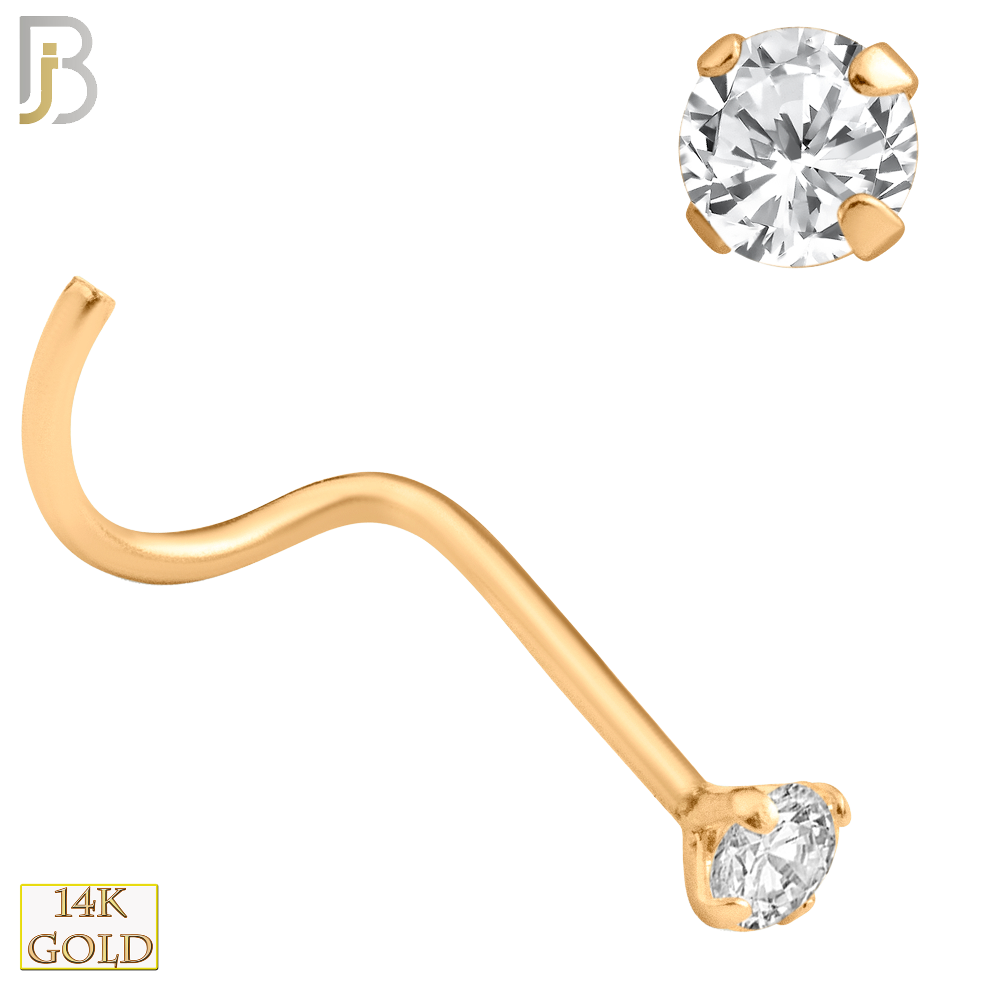14-NR03CR-20 - 20g Thickness 14k Solid Rose Gold Prong Setting  Round Cubic Zircona Nose Screw, Cork Screw image 3