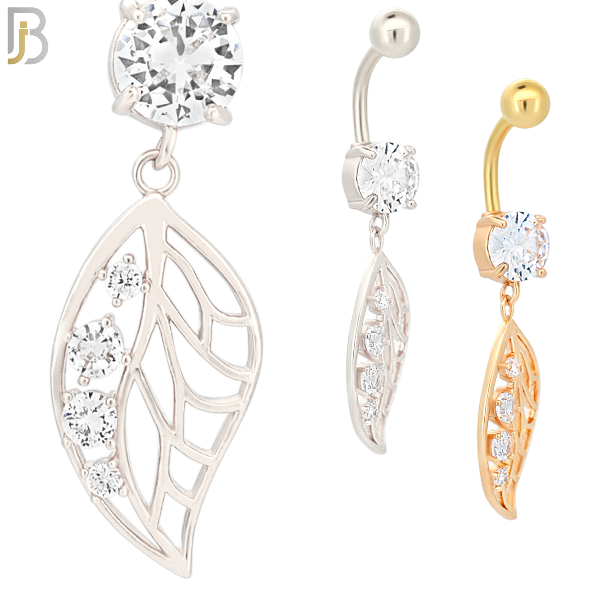 N032 - 316L Stainless Steel Dangling Leaf with 4 Prong Set Zircon Design Belly Ring with 5mm Screw Ball image 0