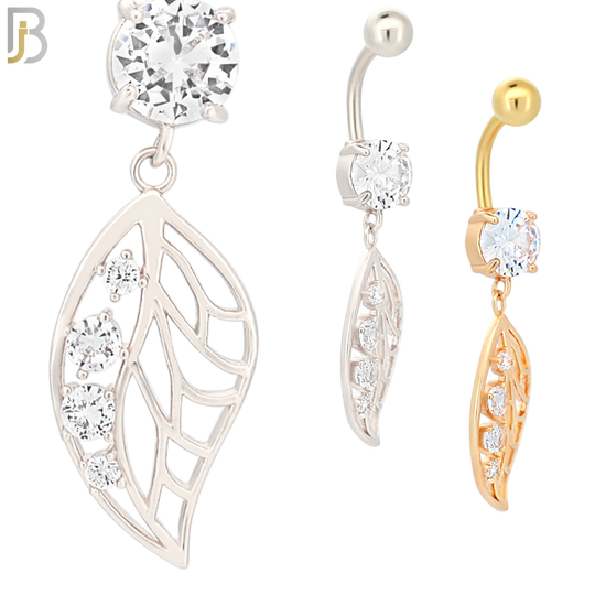 N032 - 316L Stainless Steel Dangling Leaf with 4 Prong Set Zircon Design Belly Ring with 5mm Screw Ball image 0