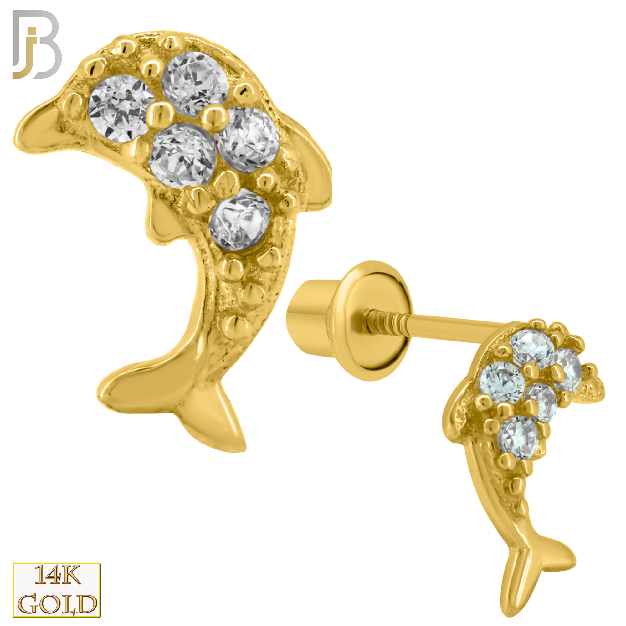 14-ES221 - 14k Solid Gold Dolphin Design Earring Stud with Clear Zircon image 0
