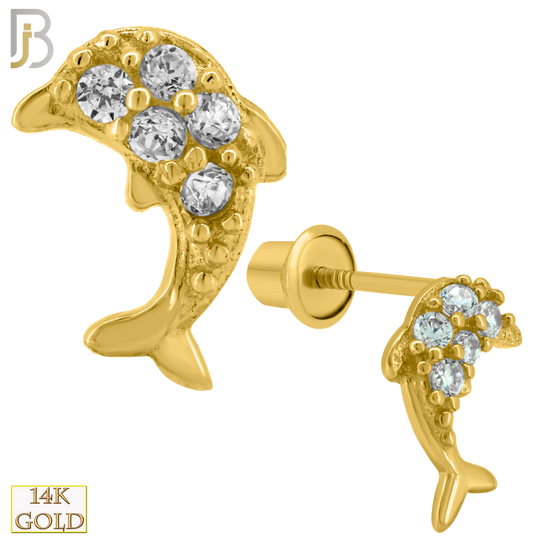14-ES221 - 14k Solid Gold Dolphin Design Earring Stud with Clear Zircon image 0