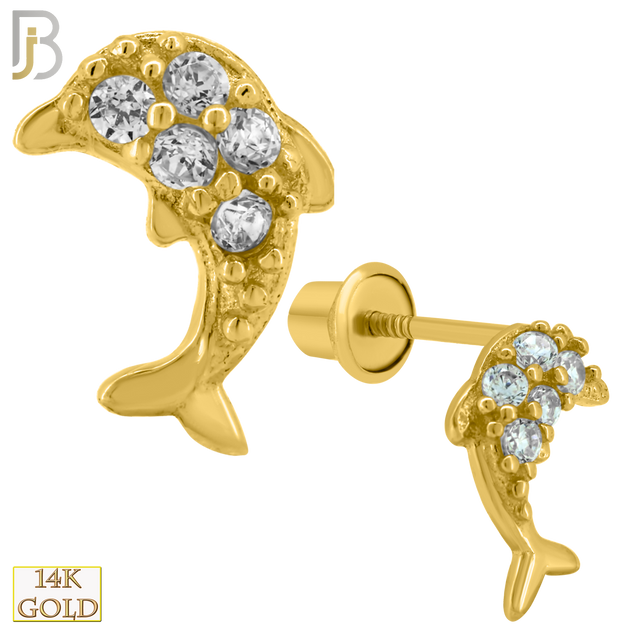 14-ES221 - 14k Solid Gold Dolphin Design Earring Stud with Clear Zircon image 0
