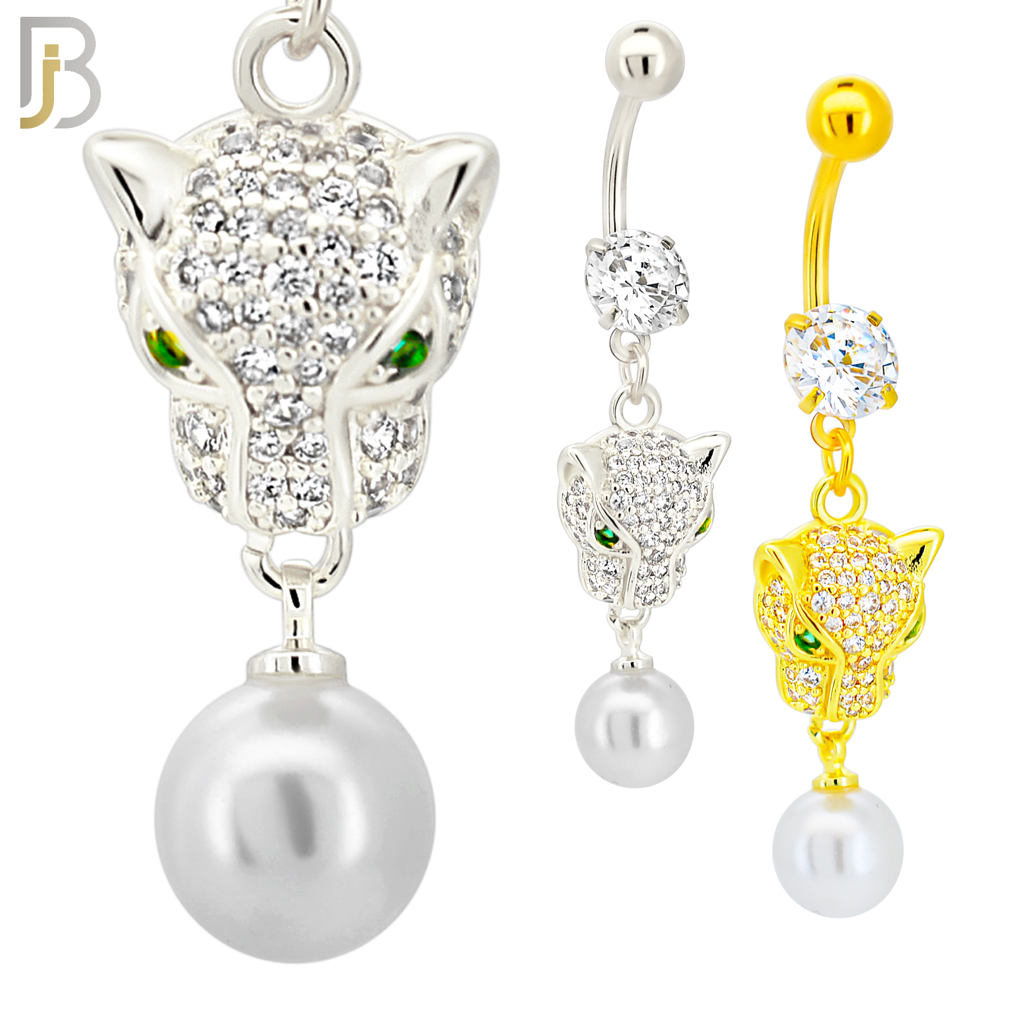 N0141 - 316L Surgical Steel Dangling Green Eyed Tiger Head with Multi CZ and Dangling Pearl Belly Ring image 0