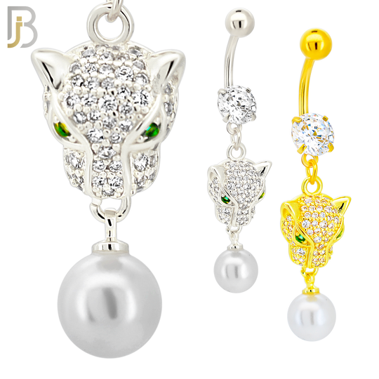 N0141 - 316L Surgical Steel Dangling Green Eyed Tiger Head with Multi CZ and Dangling Pearl Belly Ring image 0