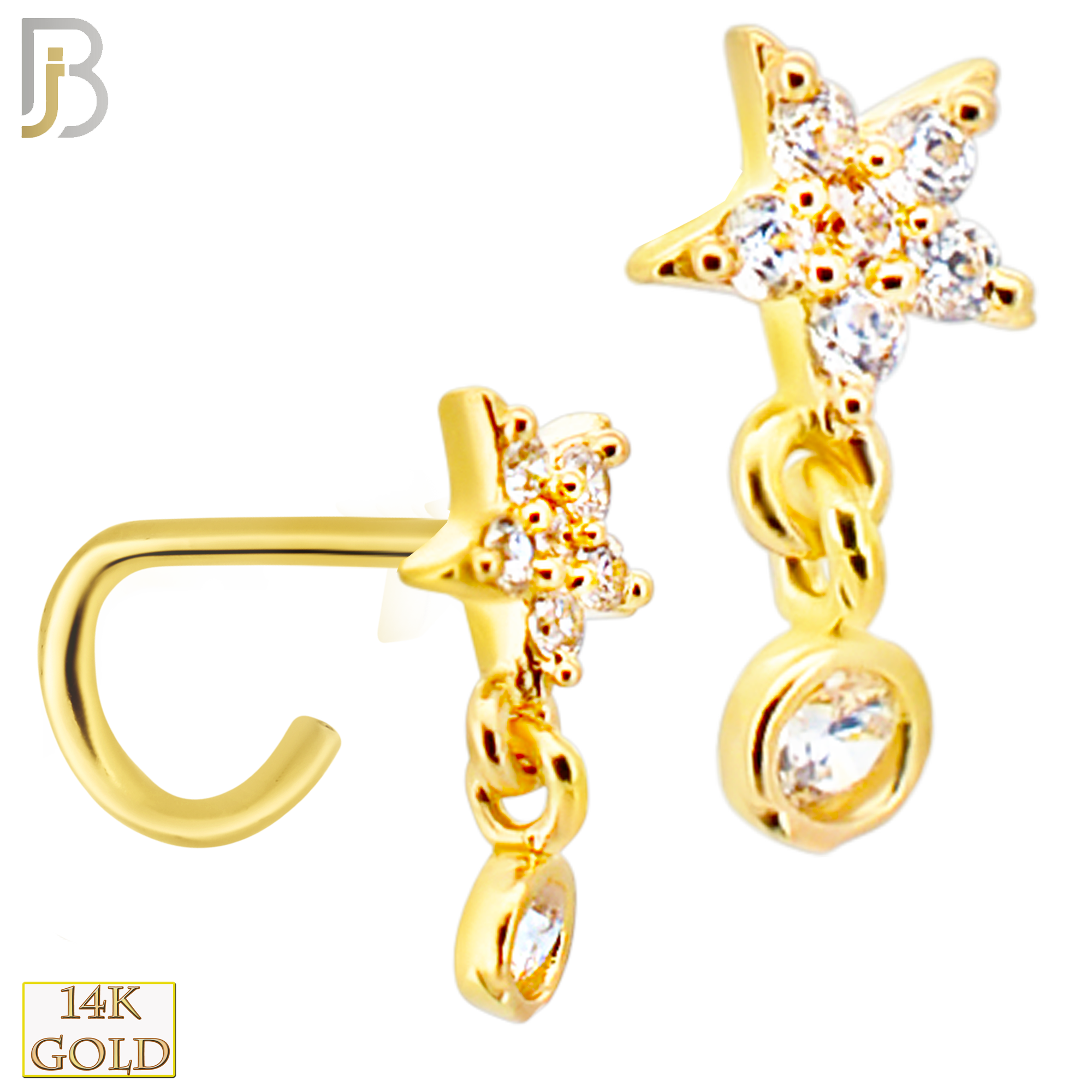 14-NR112C- 14k Yellow Gold CZ Studded Star with Dangling Round CZ in Bezel Setting Nose Screw image 0