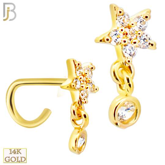 14-NR112C- 14k Yellow Gold CZ Studded Star with Dangling Round CZ in Bezel Setting Nose Screw image 0