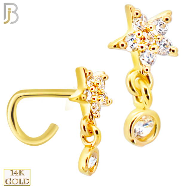 14-NR112C- 14k Yellow Gold CZ Studded Star with Dangling Round CZ in Bezel Setting Nose Screw image 0