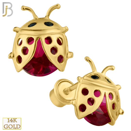 14-ES85 - 14k Solid Gold Lady Bug with Fuchsia Colored CZ Screw Back Stud Earring image 0