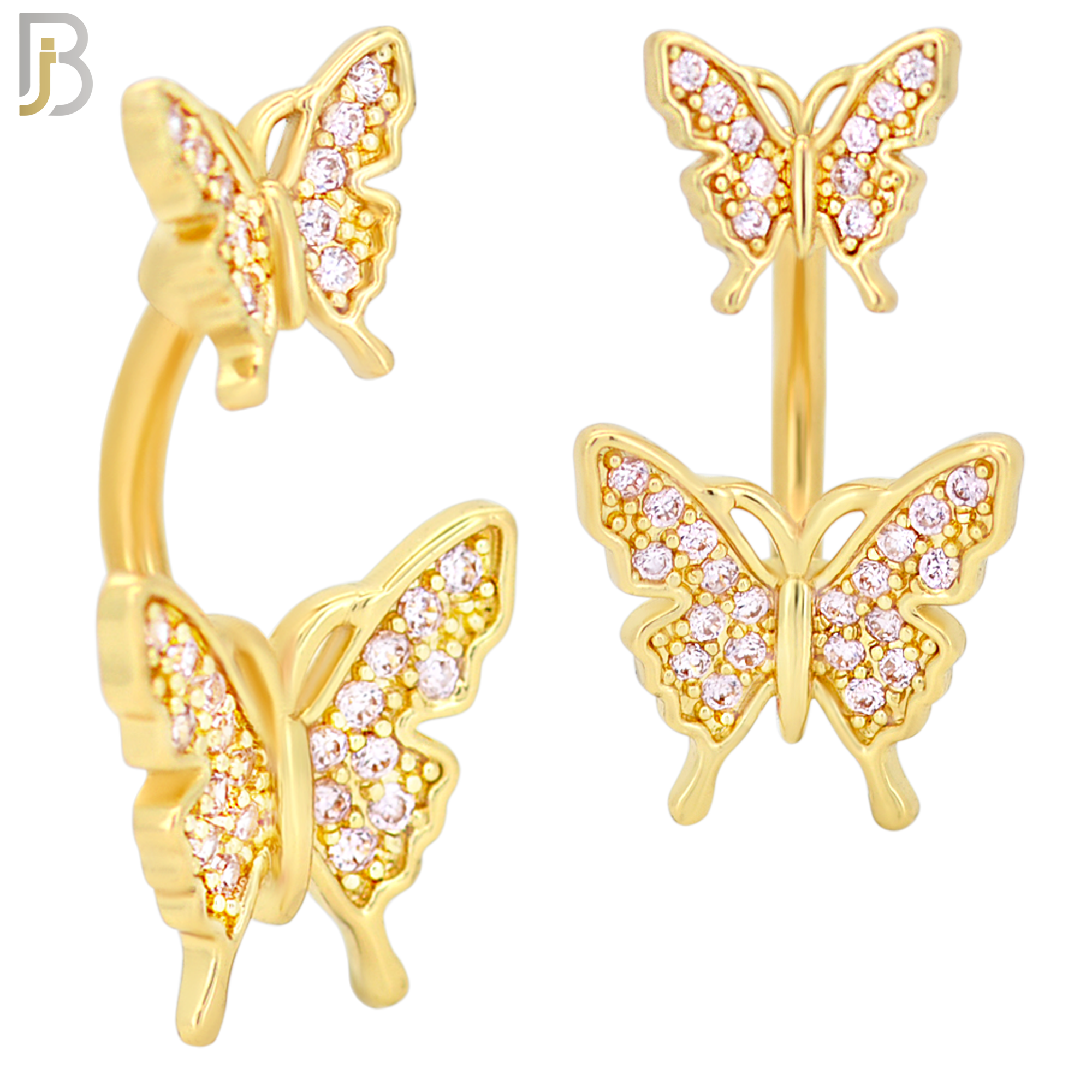 NB62 - 316L Stainless Steel Double Butterfly Banana Belly Ring with Cubic Zirconia image 2