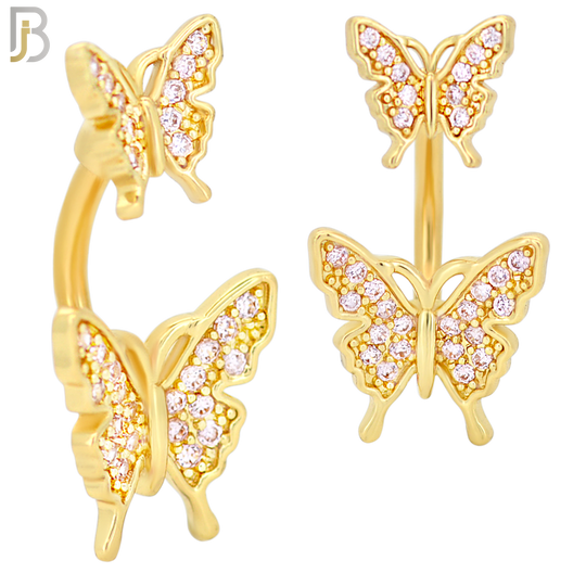 NB62 - 316L Stainless Steel Double Butterfly Banana Belly Ring with Cubic Zirconia image 2