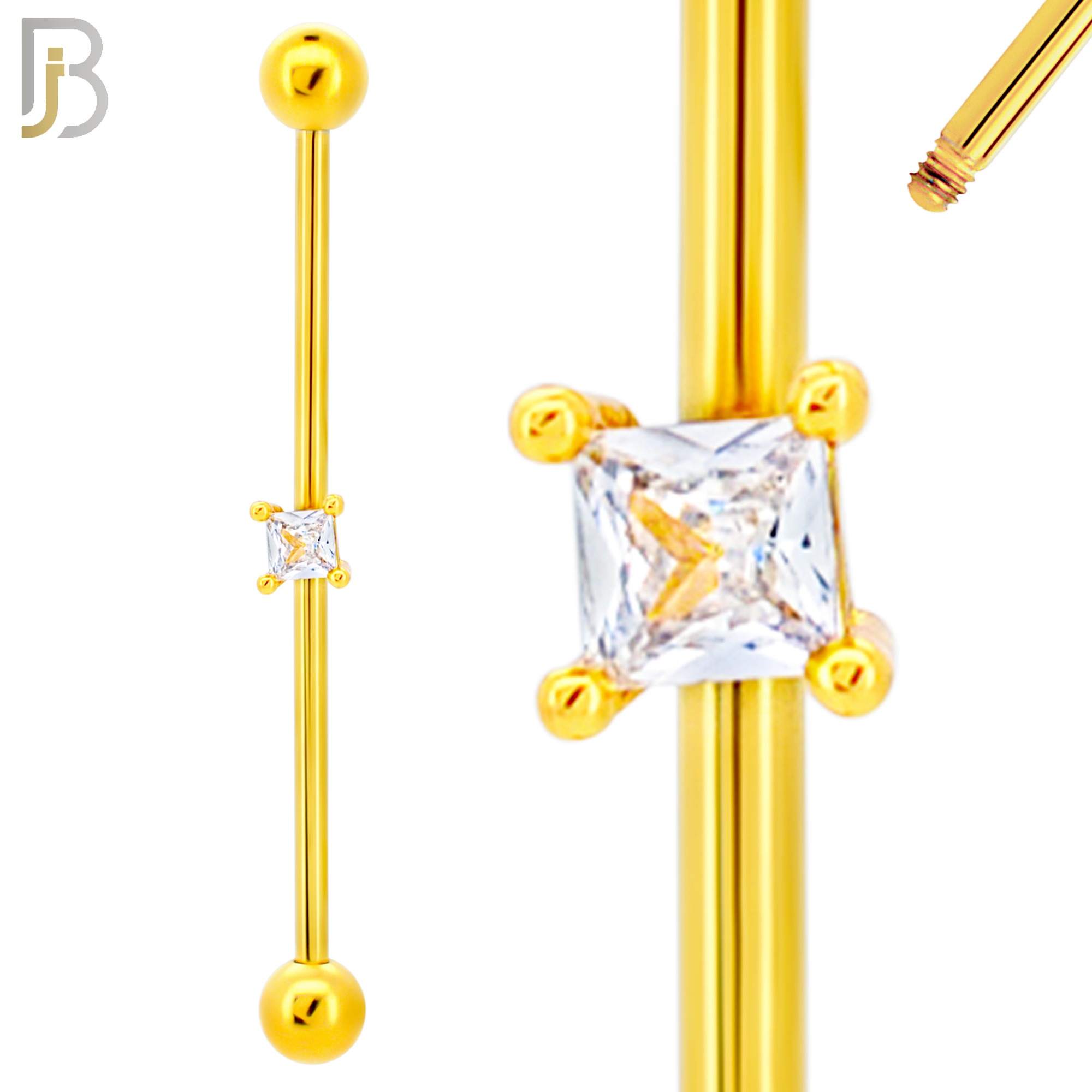 BB32 - 316L Surgical Steel Screw Bar with Brass Prong Set Square CZ Design Barbell Industrial (PACK OF 4) image 2