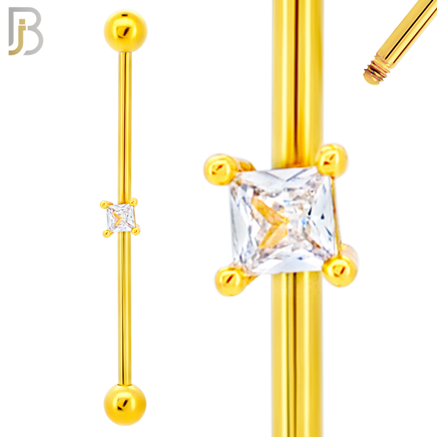 BB32 - 316L Surgical Steel Screw Bar with Brass Prong Set Square CZ Design Barbell Industrial (PACK OF 4) image 2