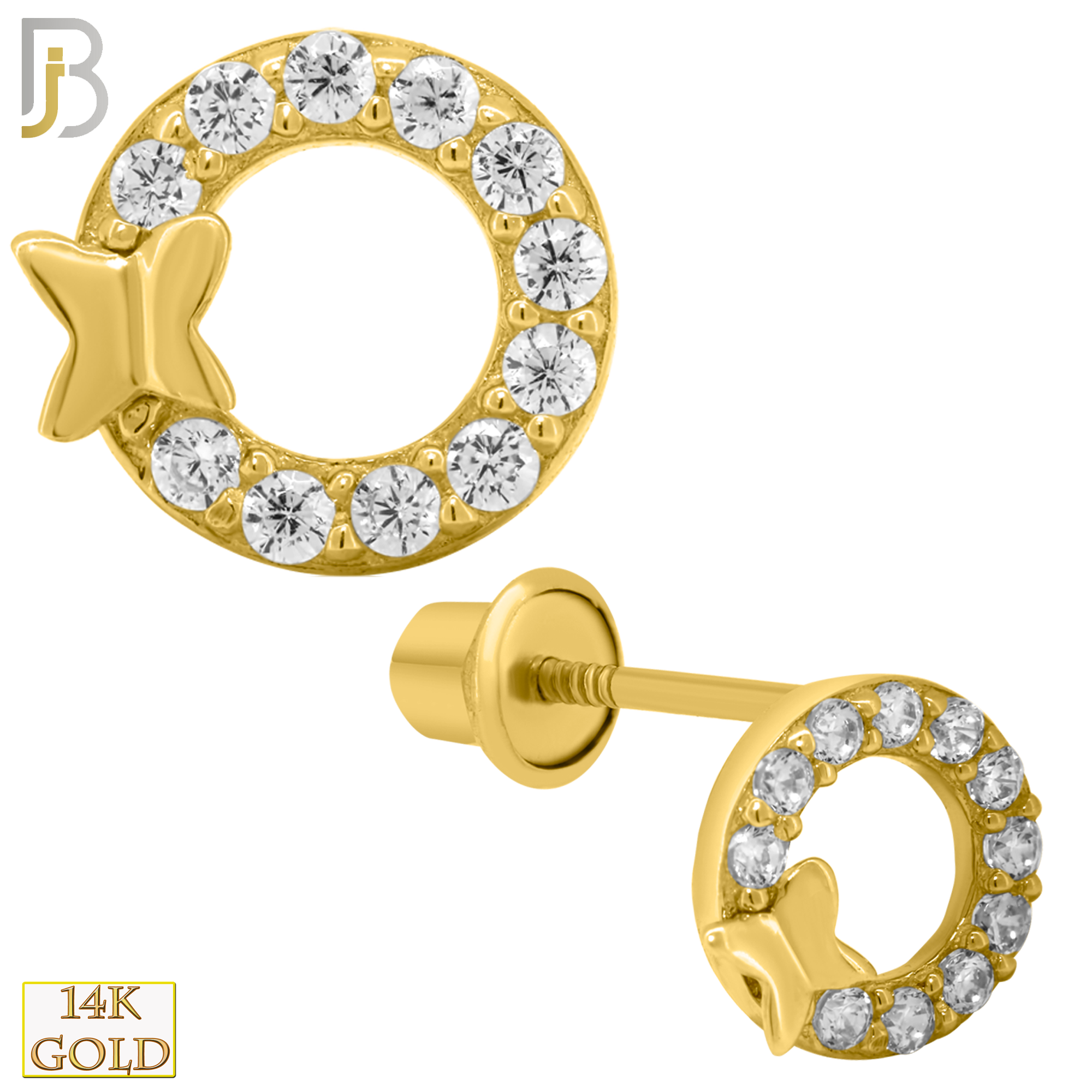 14-ES219 - 14k Solid Gold Round with Butterfly Design Earring Stud with Clear Zircon image 0