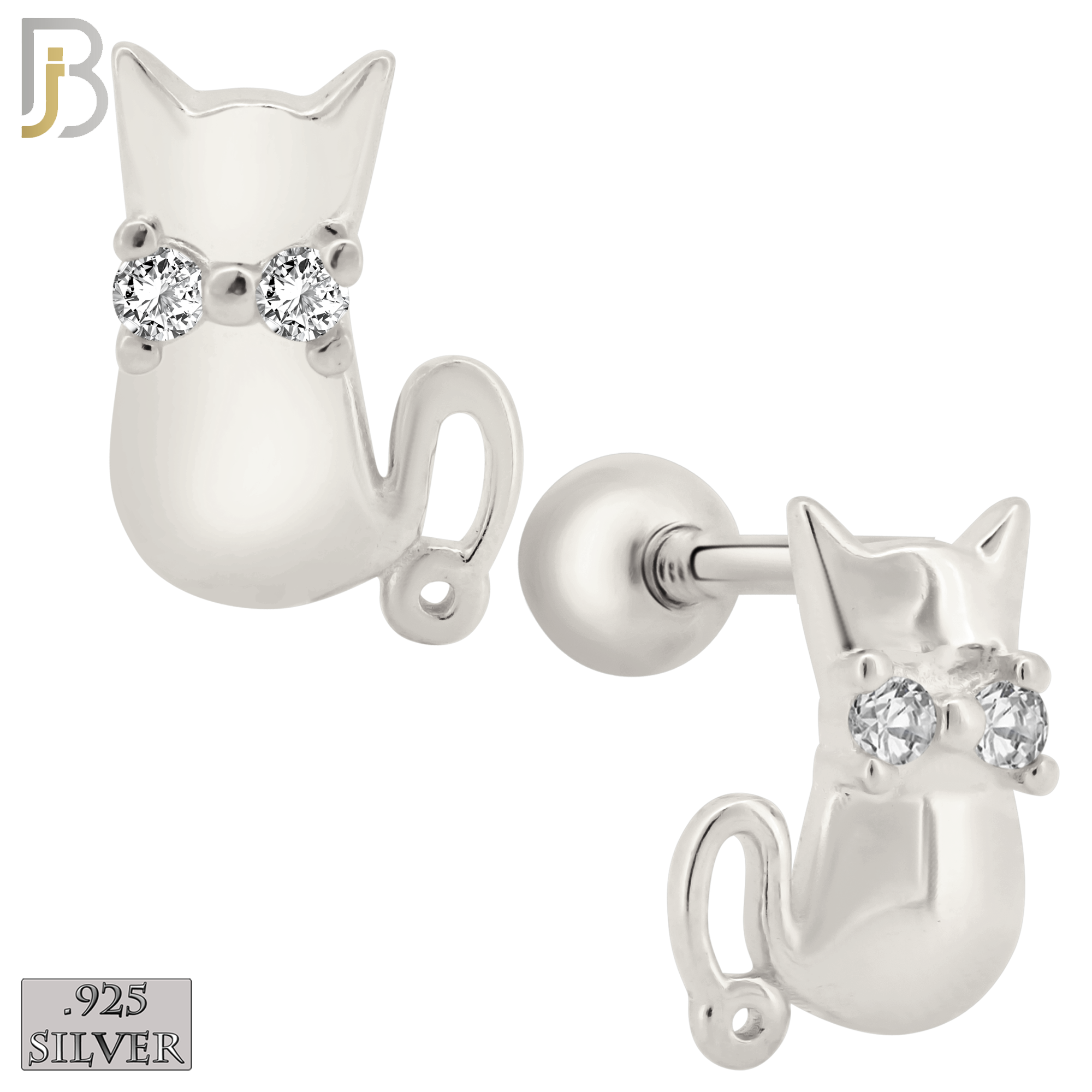925-ES202 - Screw Ball Back - .925 Sterling Silver Cat Design Earring Stud with Clear Zircon image 1