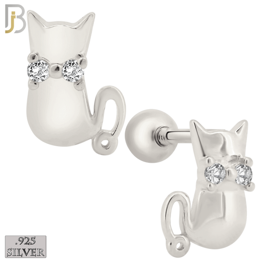 925-ES202 - Screw Ball Back - .925 Sterling Silver Cat Design Earring Stud with Clear Zircon image 1