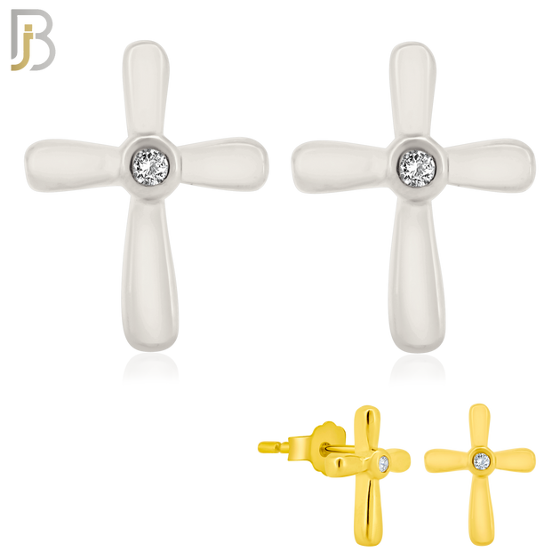 925-ES67 - .925 Sterling Silver Cross Design  Bezel Zircon Earring Stud image 0