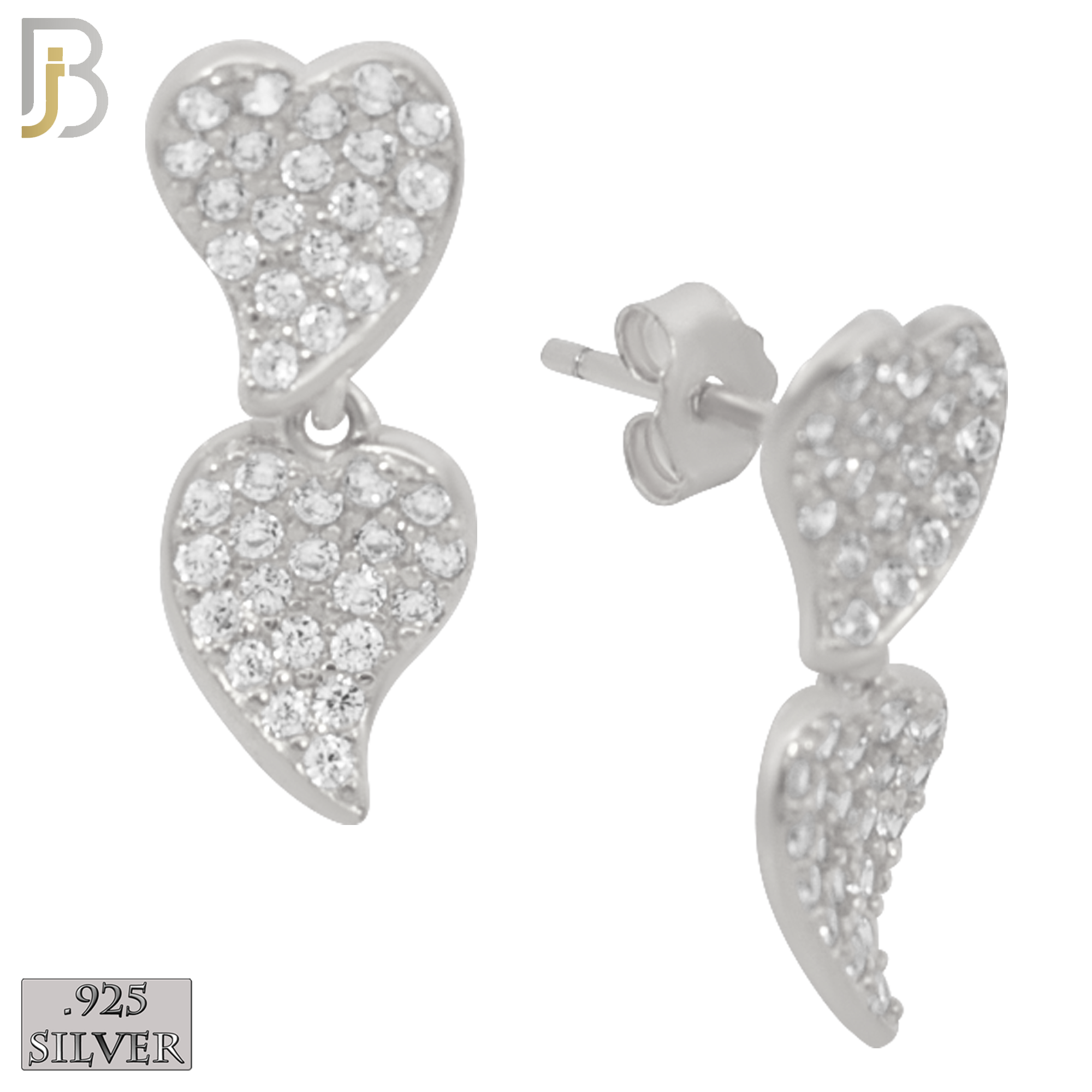 925-ES304 - .925 Sterling Silver Double Heart with Zircon Design Stud Earrings image 1