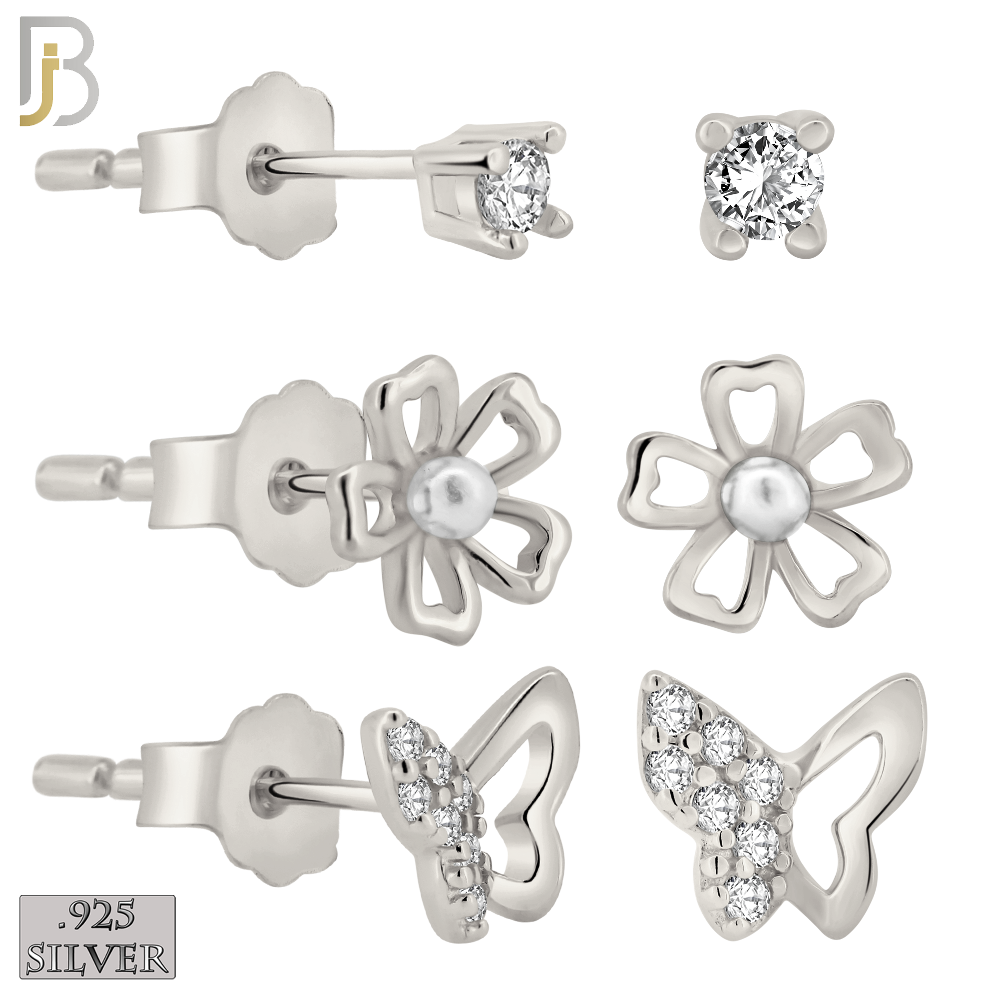925-ES386 - .925 Sterling Silver Three Set Stud Earrings (Single CZ Stud, Butterfly with Half CZ, Hollow Flower) image 0