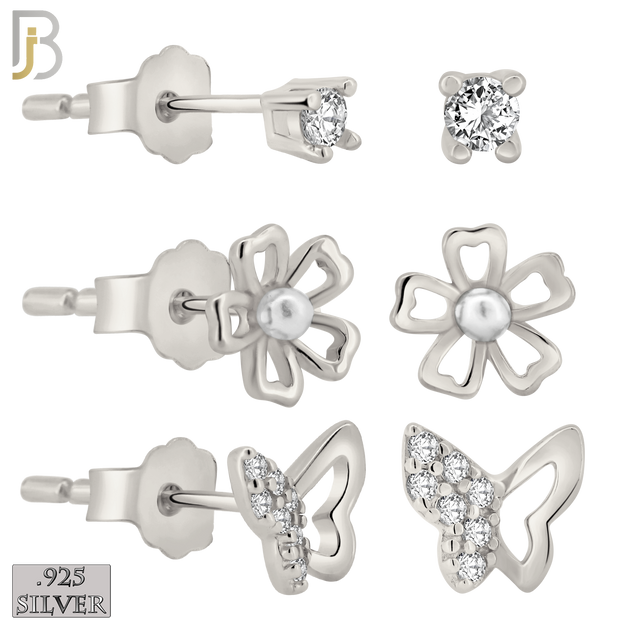 925-ES386 - .925 Sterling Silver Three Set Stud Earrings (Single CZ Stud, Butterfly with Half CZ, Hollow Flower) image 0